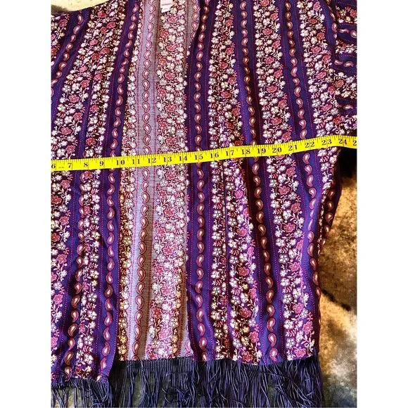 Bongo Blue Red White Scarf Print Fringe Kimono Jacket Women Juniors S/M - Picture 9 of 11